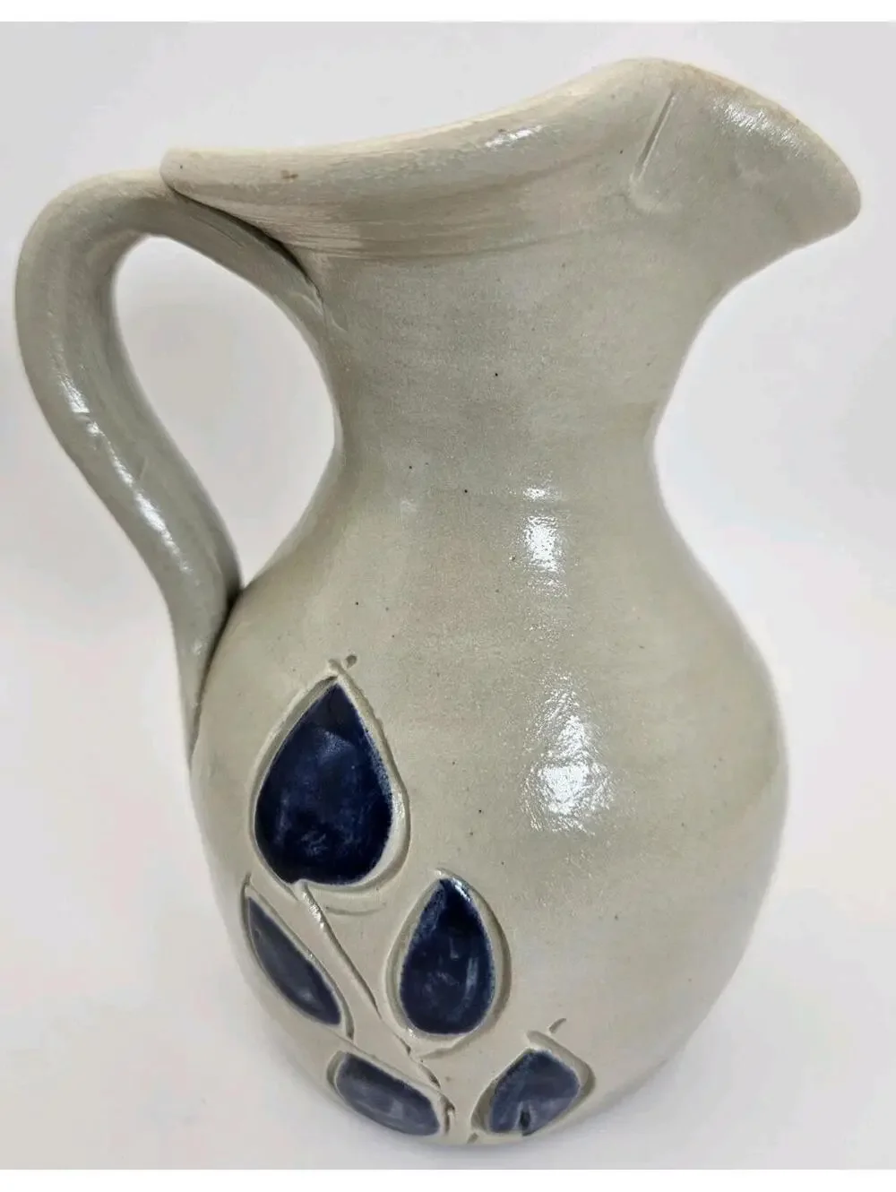 Williamsburg Pottery Small Pitcher Gray Cobalt Blue Leaf Salt Glaze Collectible